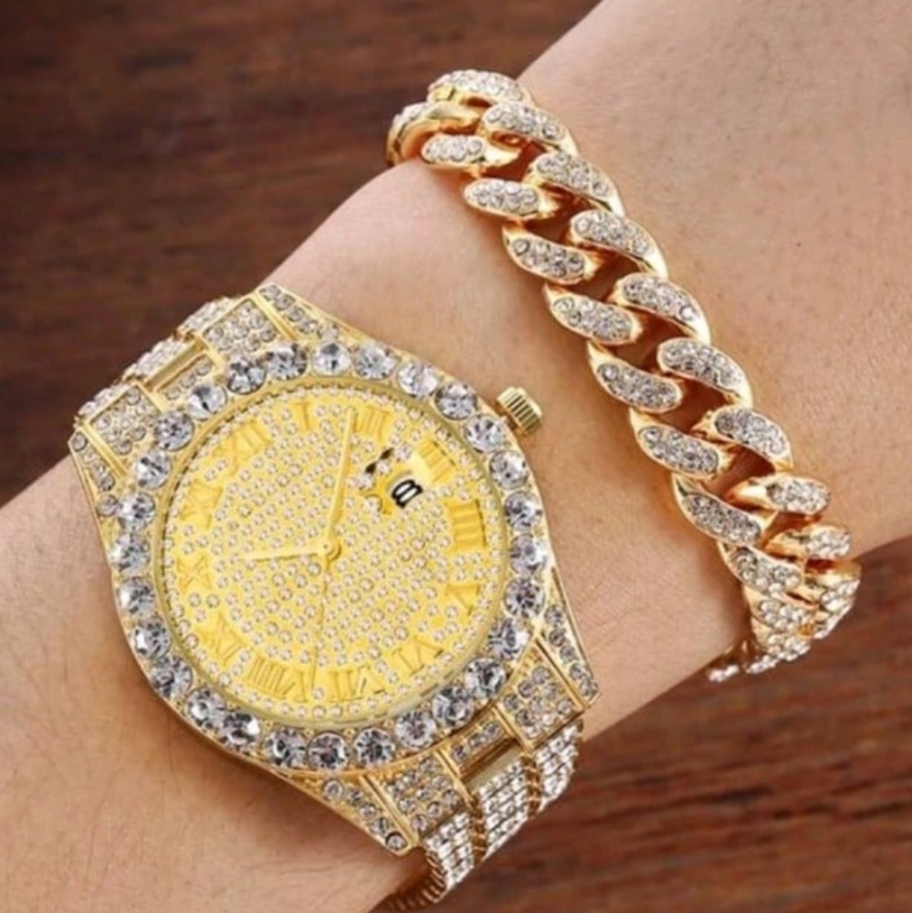Mens Iced Out Simulated Diamond Hiphopbling Watch & Iced Out Cuban Bracelet Set